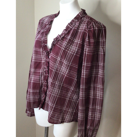 Evereve Marron w/ White Plaid Peasant Boho Blouse Size XL - Picture 2 of 7